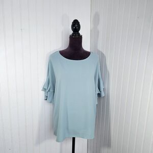 Les Amis Womens Pullover Blouse Aqua Blue Flutter Ruffle Short Sleeve Sz L